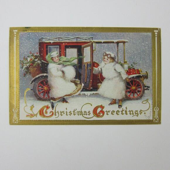 Christmas Postcard Antique Car Auto Lady White Fur Coat Goggles Snow Gold Emboss - Picture 1 of 12